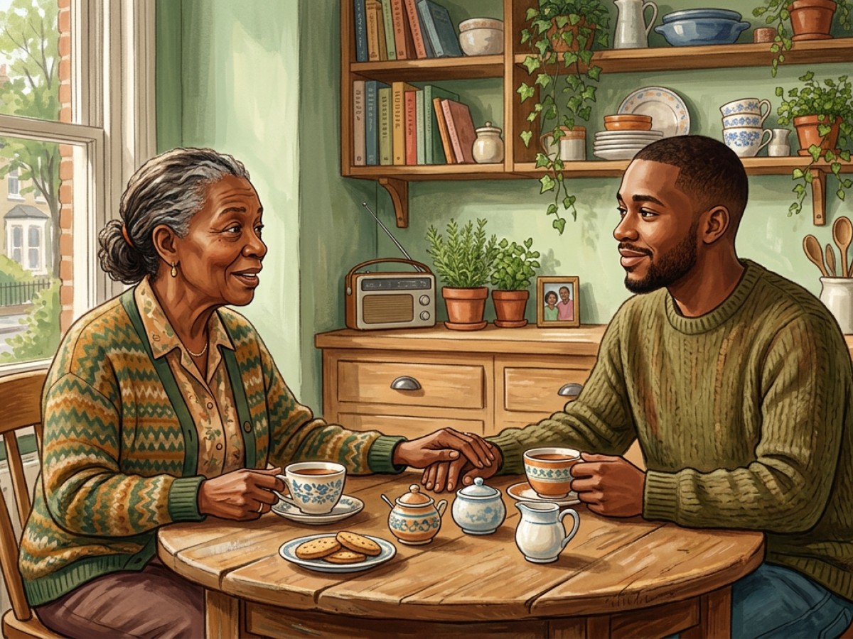 Illustration: two generations sharing conversation at a kitchen table in a UK home.