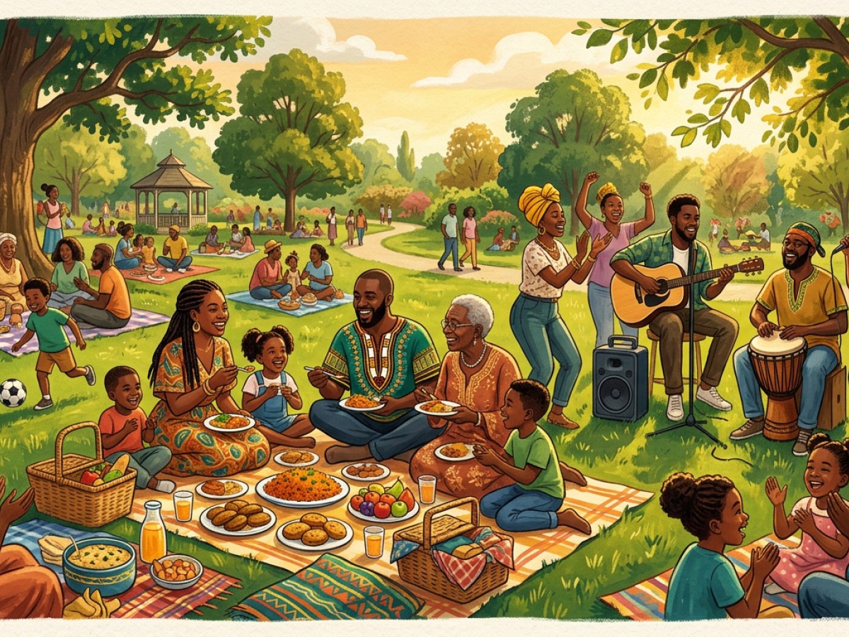 Illustration: outdoor community gathering in a park with food and music.
