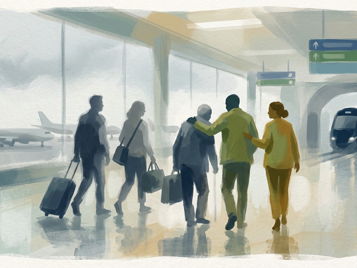 Illustration: calm journey scene suggesting travel and respectful support across distance.